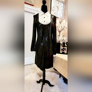 Tory Burch Black Sequined Dress with Silk Ivory Black Lacquer Buttons. Size 4
